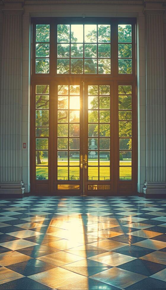 The sun is brightly shining through the windows of a tall building photo