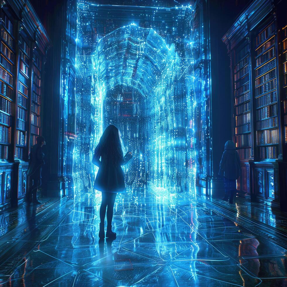 An Enchanting Library Portal featuring Beautiful Blue Light Effects and Ambience photo