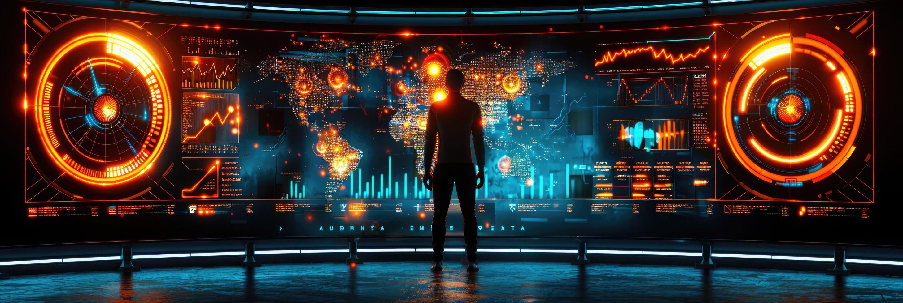 A man stands before a large screen displaying a world map photo