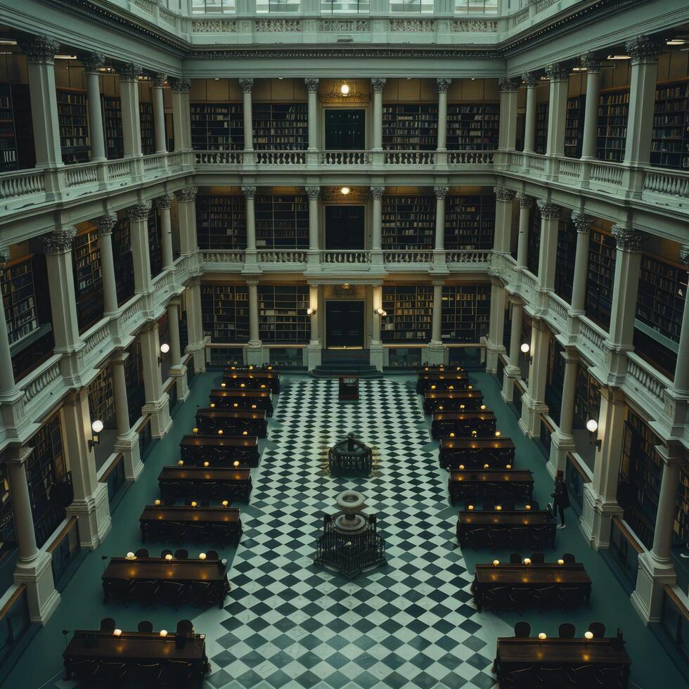 The interior space of a library showcasing a stylish checkered floor photo