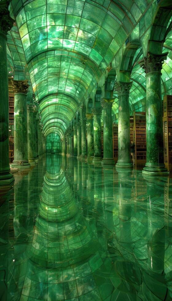 A beautiful library with green columns and a vibrant ceiling photo