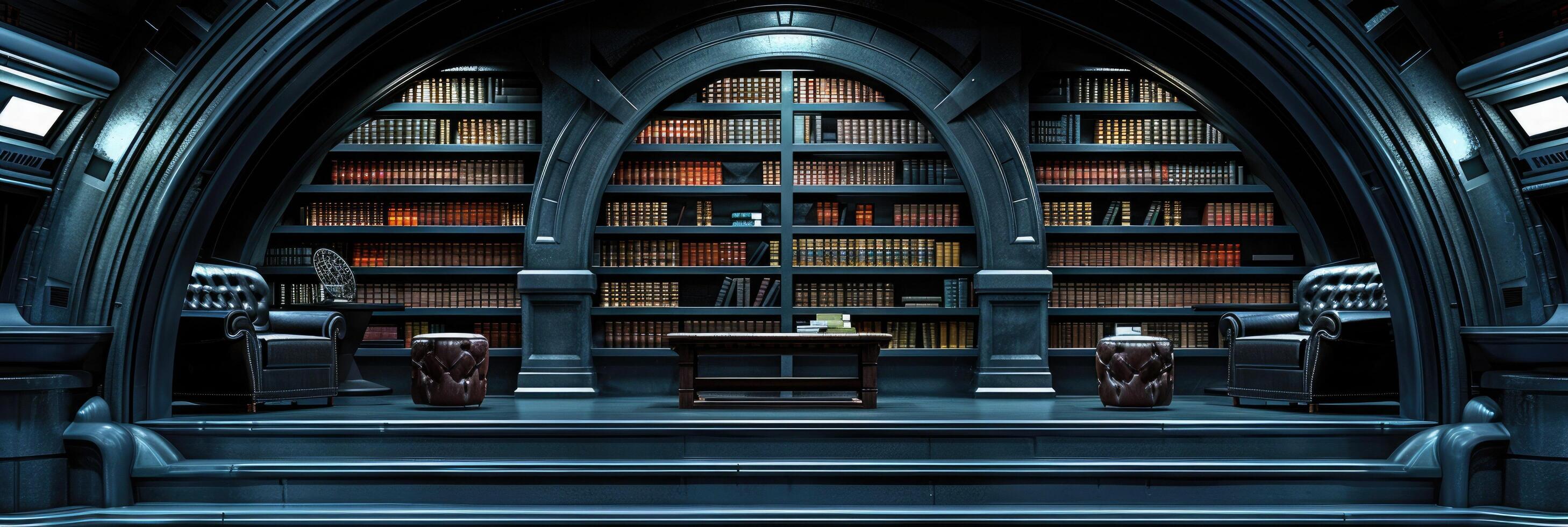 A spacious library filled with a vast collection of books on the shelves photo