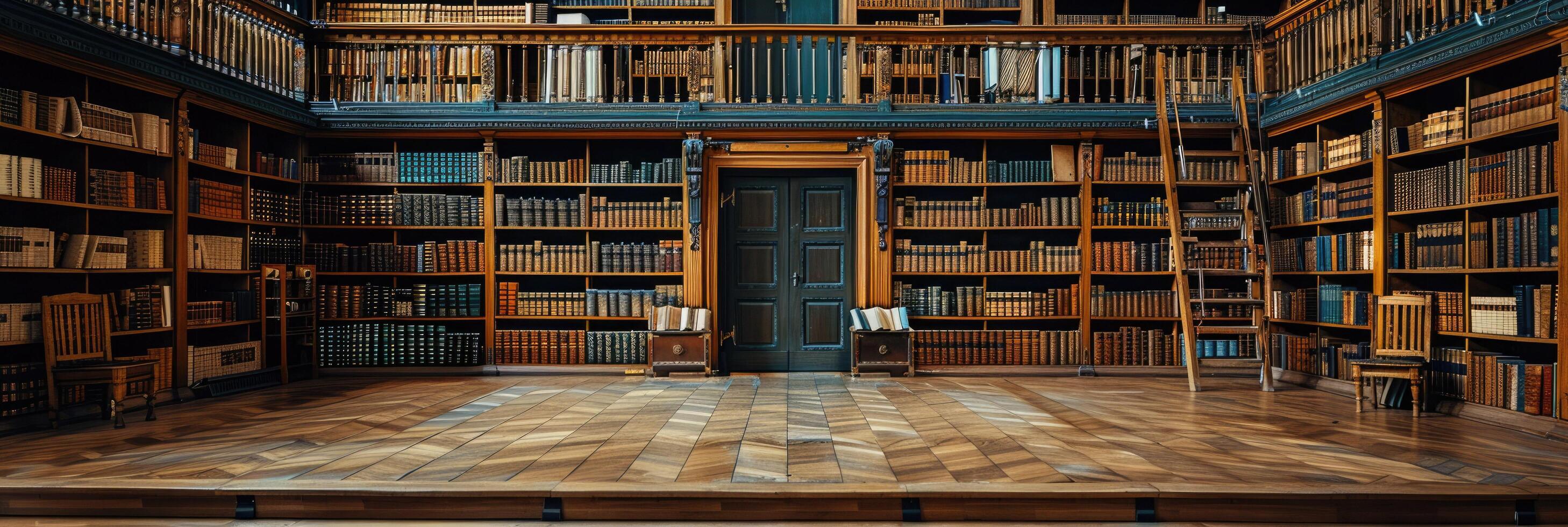 The expansive library is filled with numerous books arranged on shelves photo