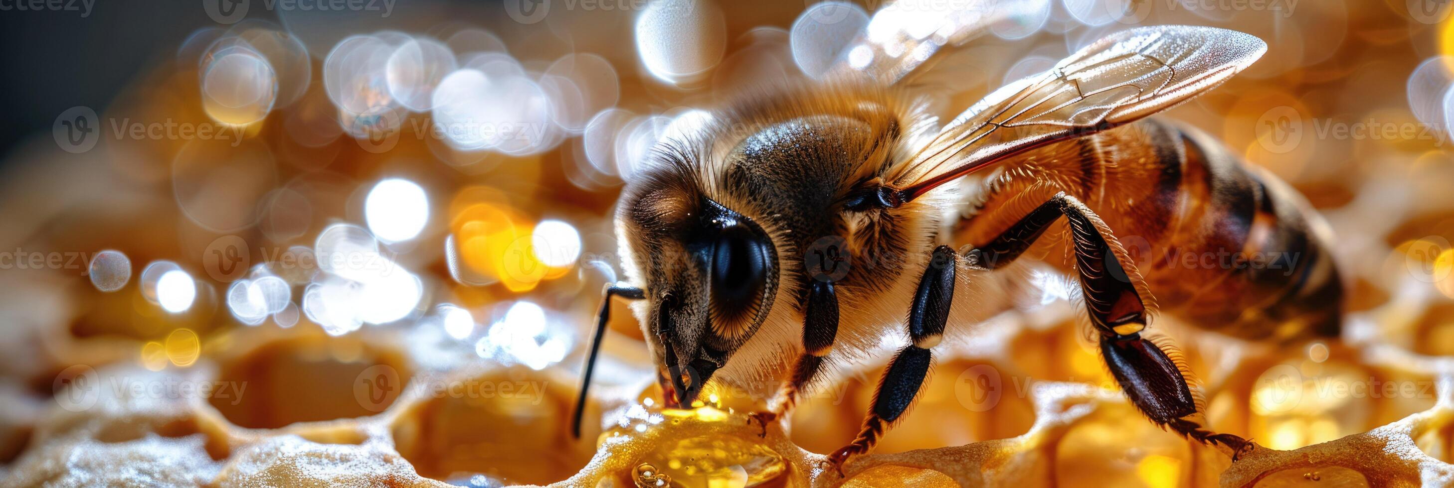 A detailed closeup view of a bee resting on a honeycomb structure photo
