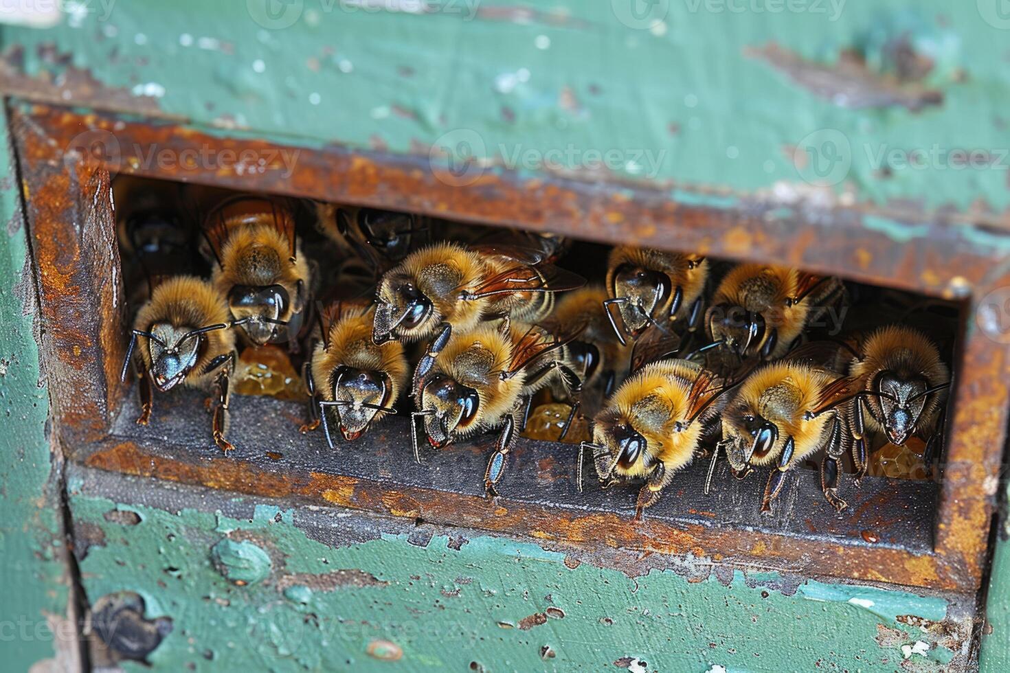 A large group of buzzing bees are curiously peering out of a hole in a wall photo
