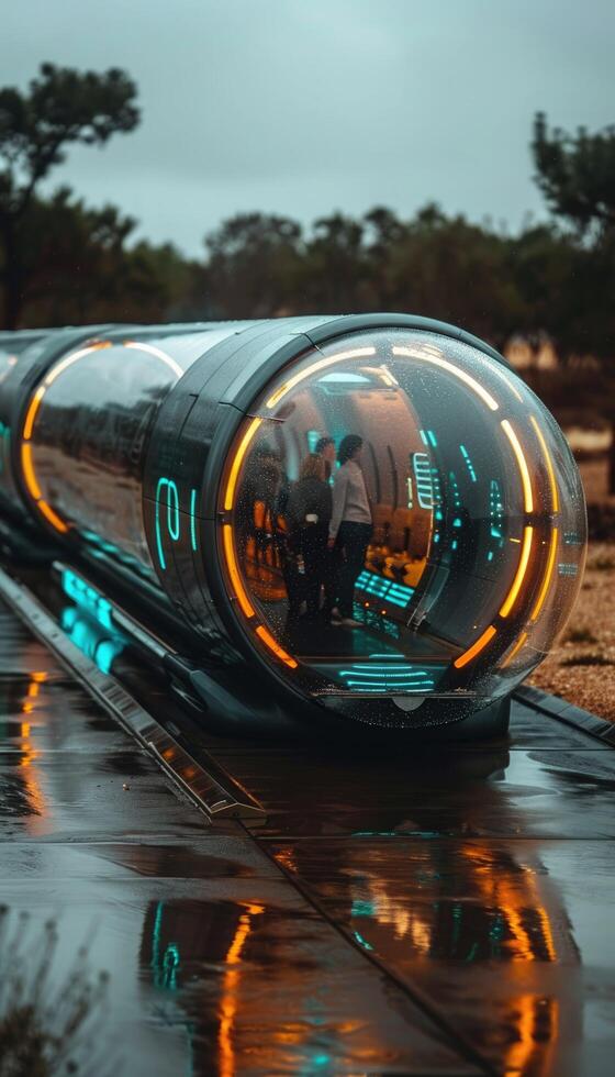 A futuristic tunnel that showcases a reflection of trees within it photo