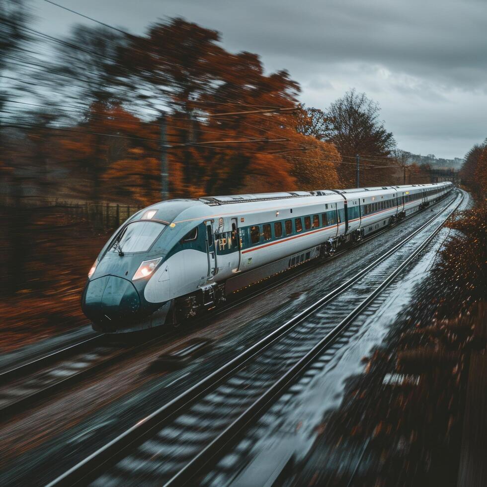 A train is steadily traveling down the tracks on a cloudy day photo