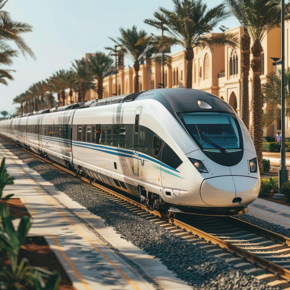 A train is arriving at a station with palm trees behind it photo