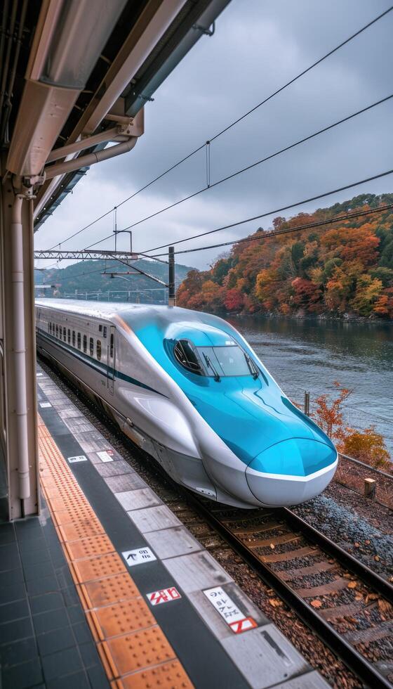 A blue and white train is smoothly going down the tracks swiftly photo