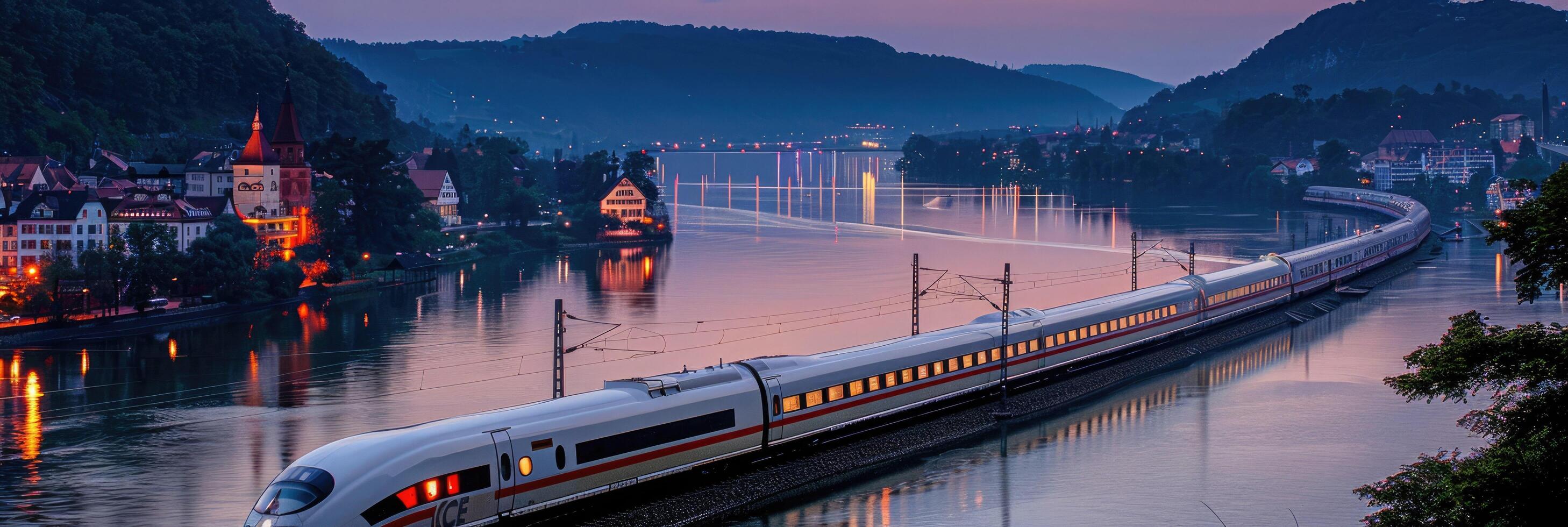 A train is traveling across a bridge that spans a body of water photo