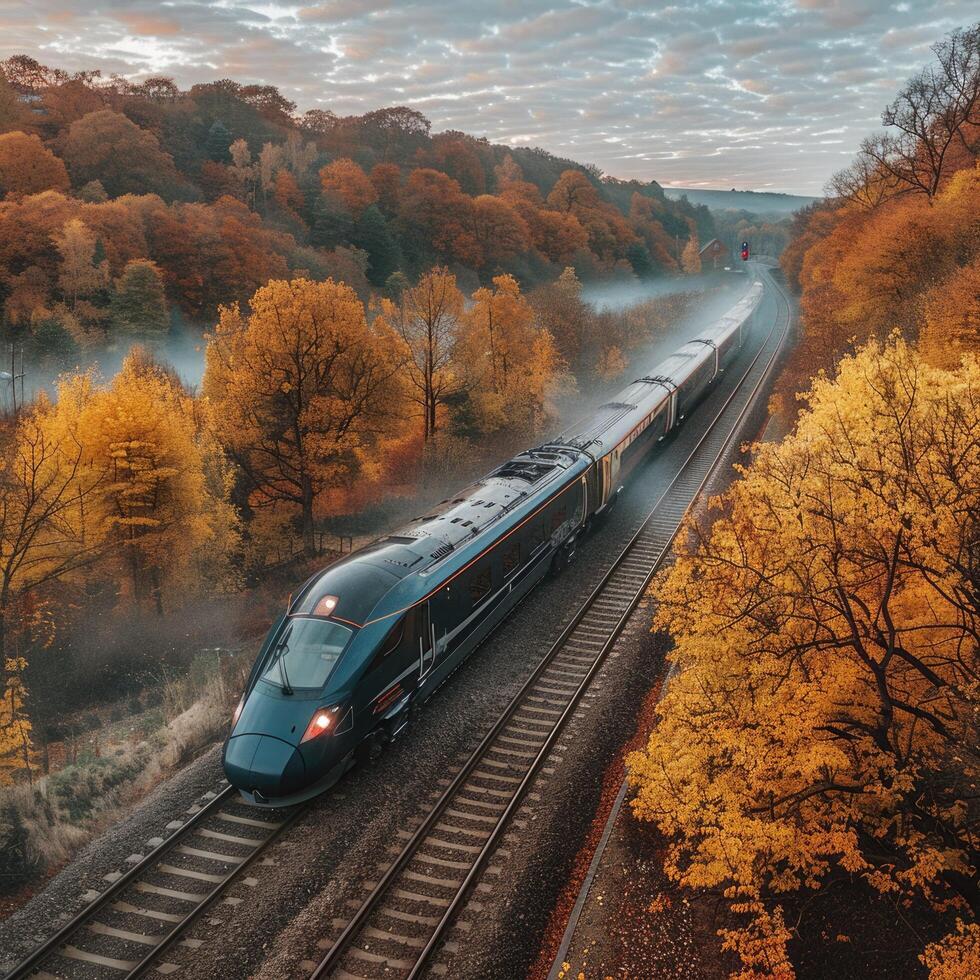A blue and white train is smoothly going down the tracks swiftly photo