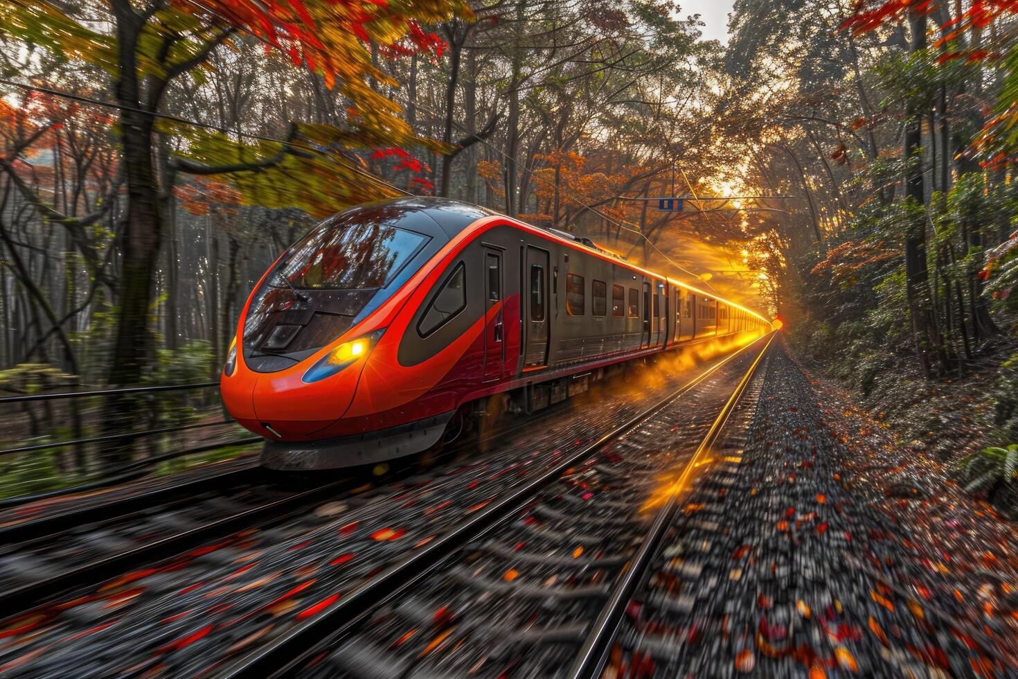 A bright red train is currently traveling down the tracks in the woods photo