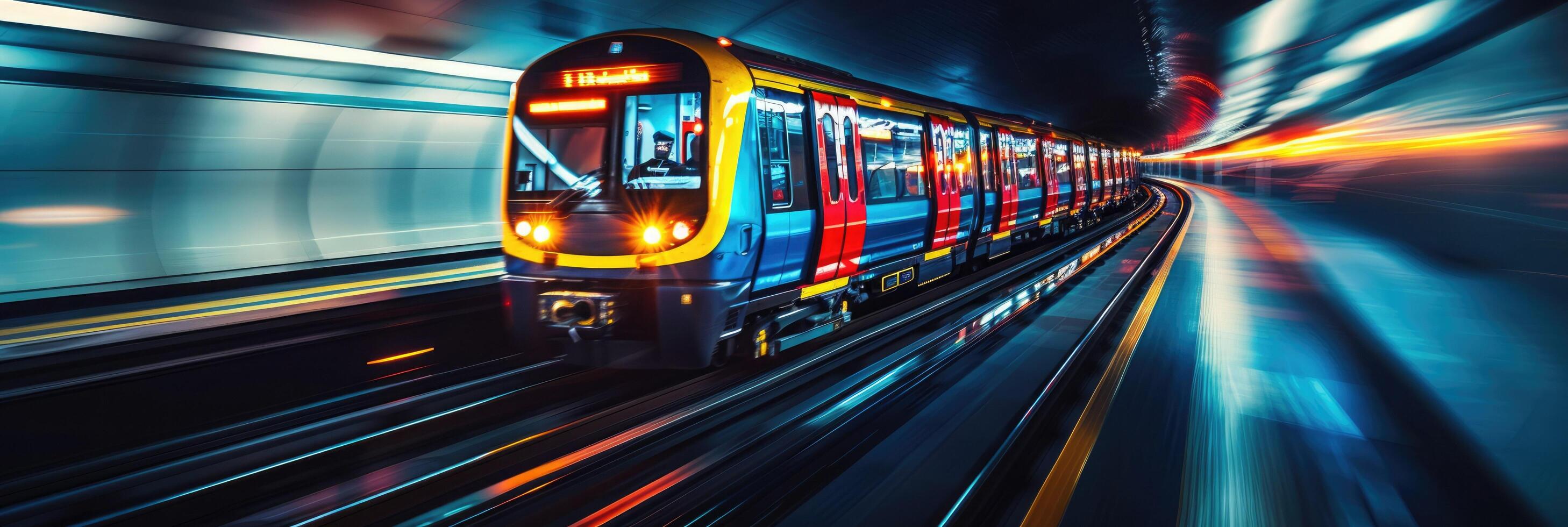 A subway train is traveling through a dark tunnel at night time photo