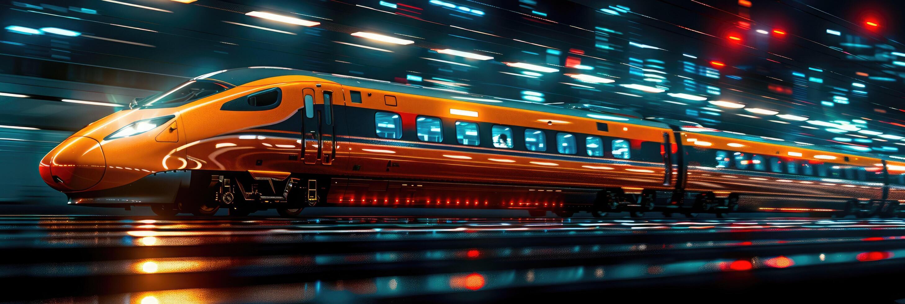 A bright yellow train is swiftly traveling down the tracks during the night photo
