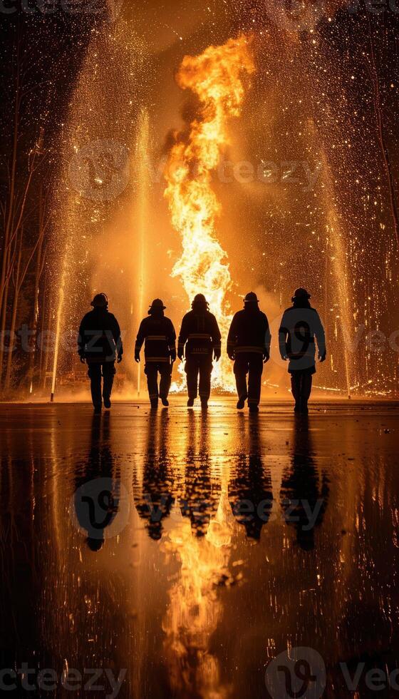 Brave firefighters are heroically combatting a blazing inferno during the dark night hours photo