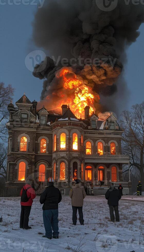 fire in the house. the burning house is being extinguished by firefighters with hoses photo