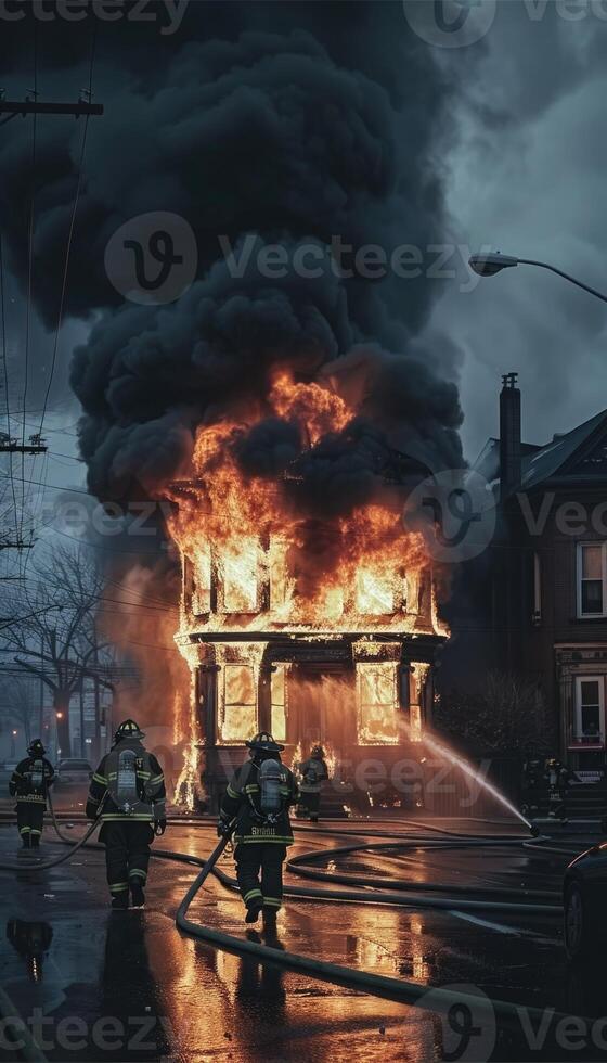 Brave firefighters are heroically combatting a blazing inferno during the dark night hours photo