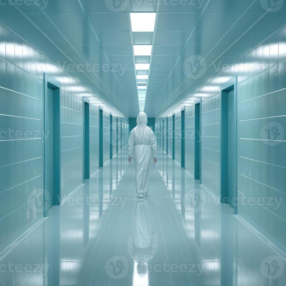 A person dressed in a pristine white suit is walking down a hallway photo