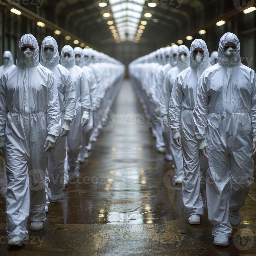Individuals in white protective suits and masks for safety photo