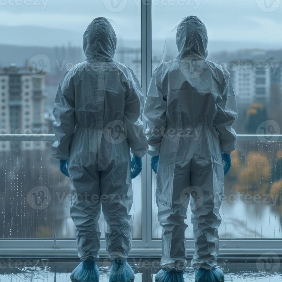 Two individuals dressed in protective suits are standing near a window photo