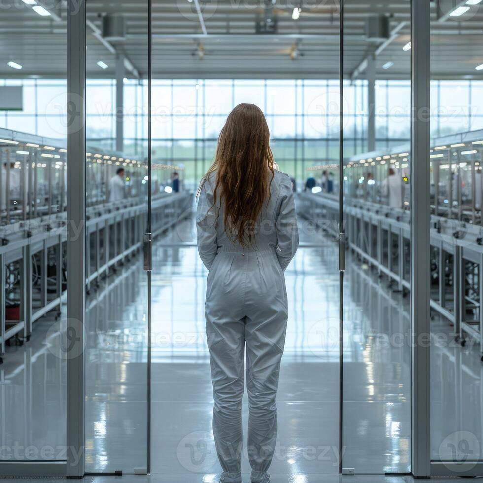 A woman is wearing a white jumpsuit while standing in a hallway photo