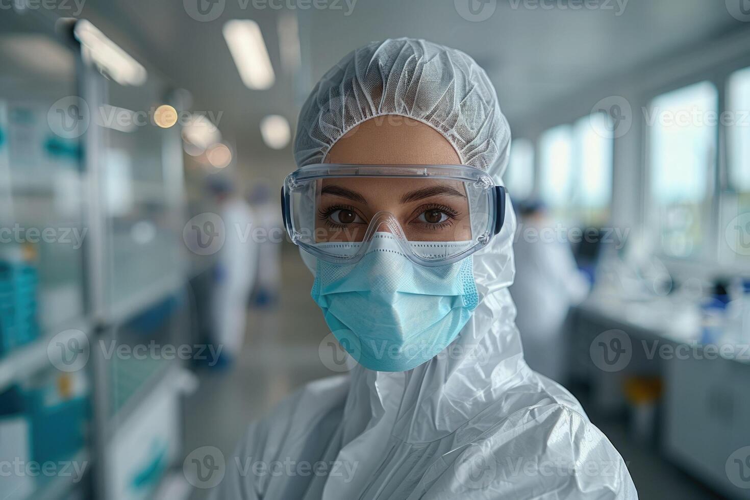 A female scientist is wearing a mask and goggles while working in a laboratory photo
