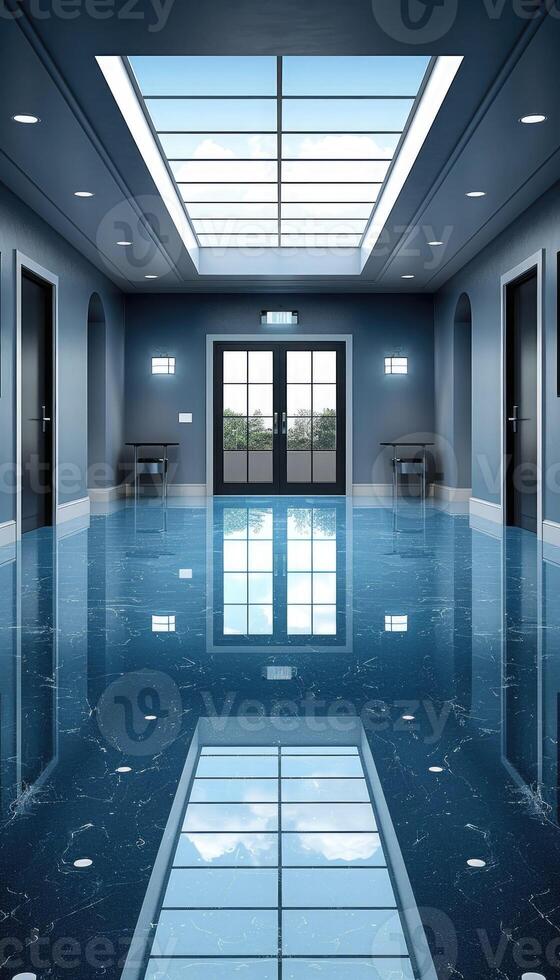A long hallway that features a beautiful skylight on its ceiling photo