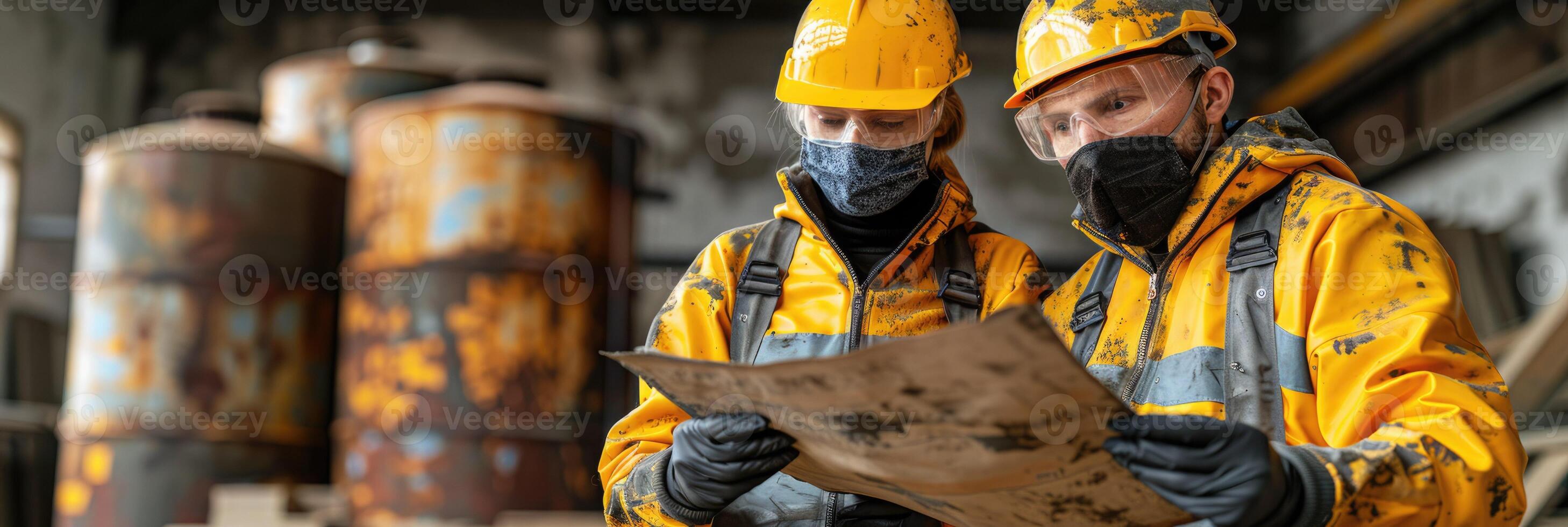 A man and a woman in hard hats and masks study a map photo