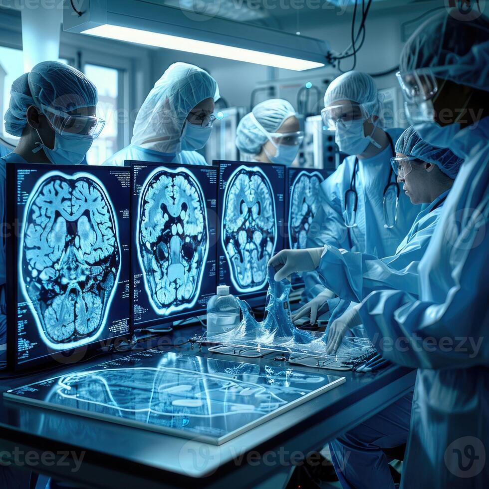 A team of skilled surgeons is examining detailed images of a brain photo