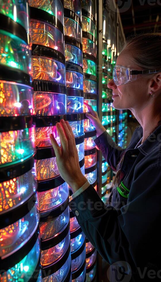 A woman in safety goggles touches a colorful light wall photo