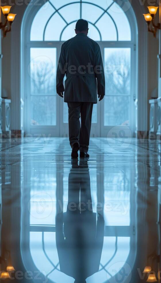 A man, dressed in a neat suit, is walking down the long hallway photo