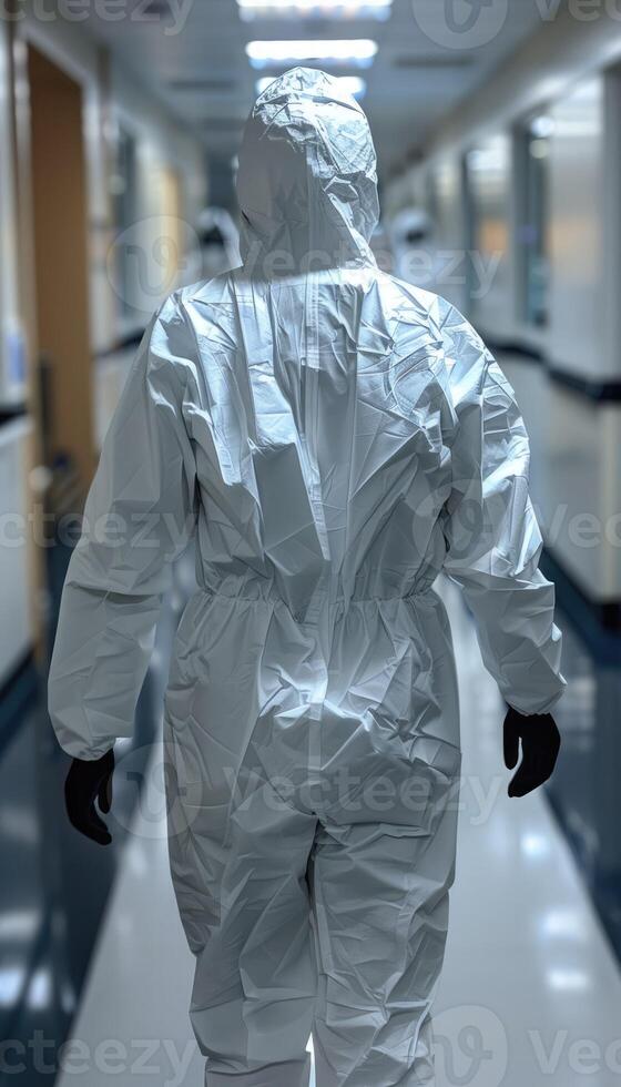 A person dressed in a protective suit is walking down a long hallway photo