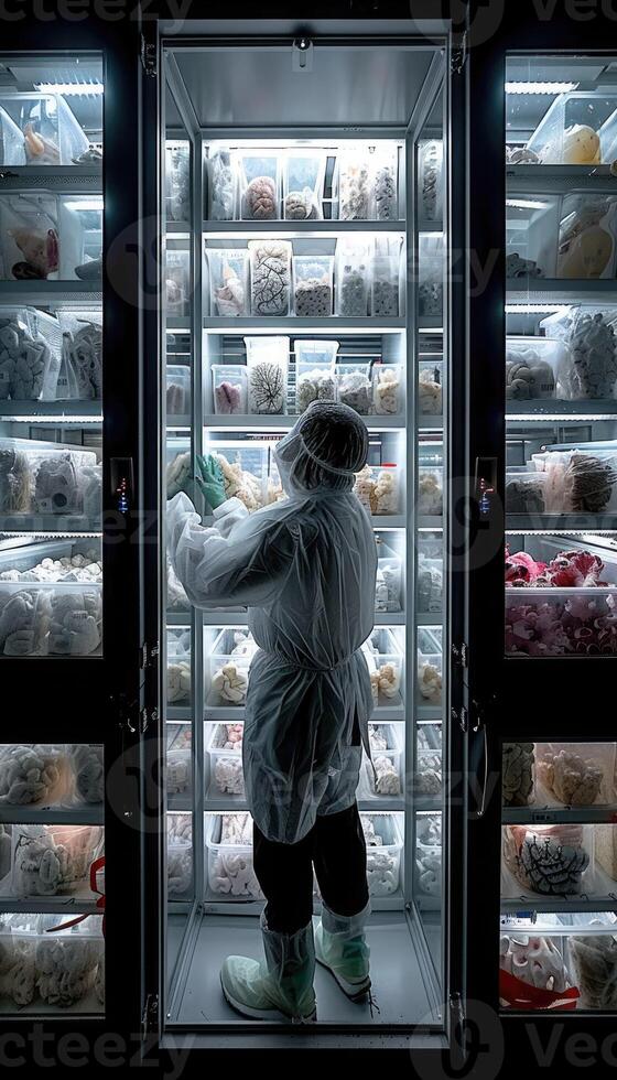 A man in a lab coat stands before a fridge full of jars photo