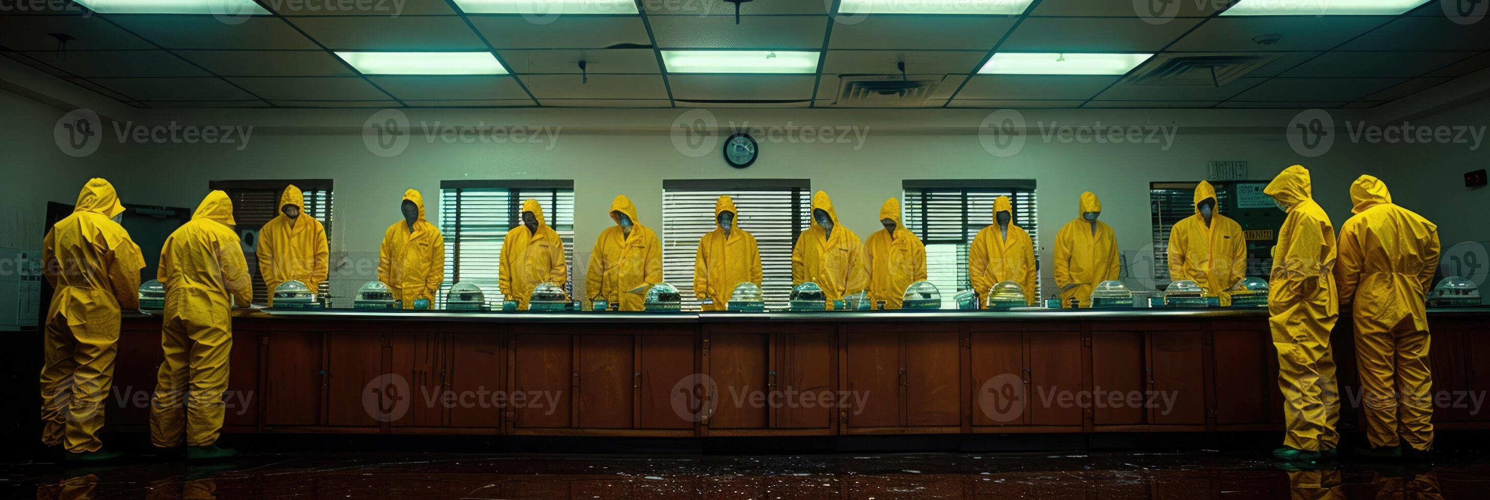People in yellow suits stand in front of a counter photo
