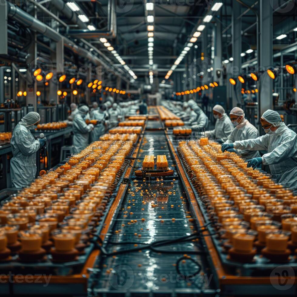 A bustling factory filled with countless bright oranges on a conveyor belt photo