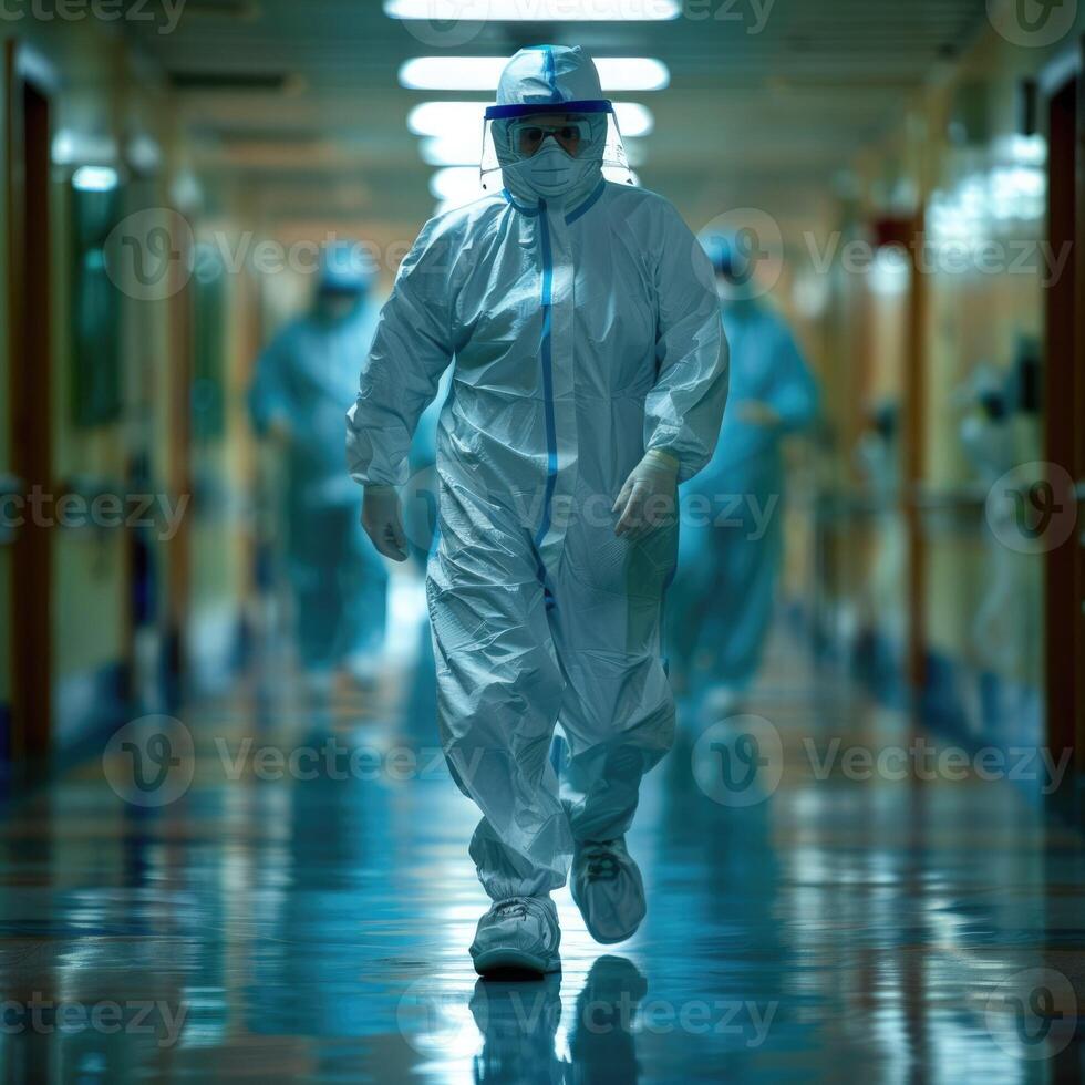 A man dressed in a protective suit is walking slowly down a hallway photo