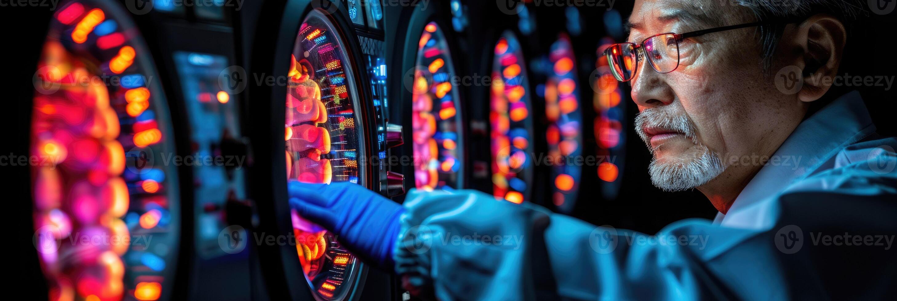 A man wearing a lab coat is diligently working on an intricate machine photo