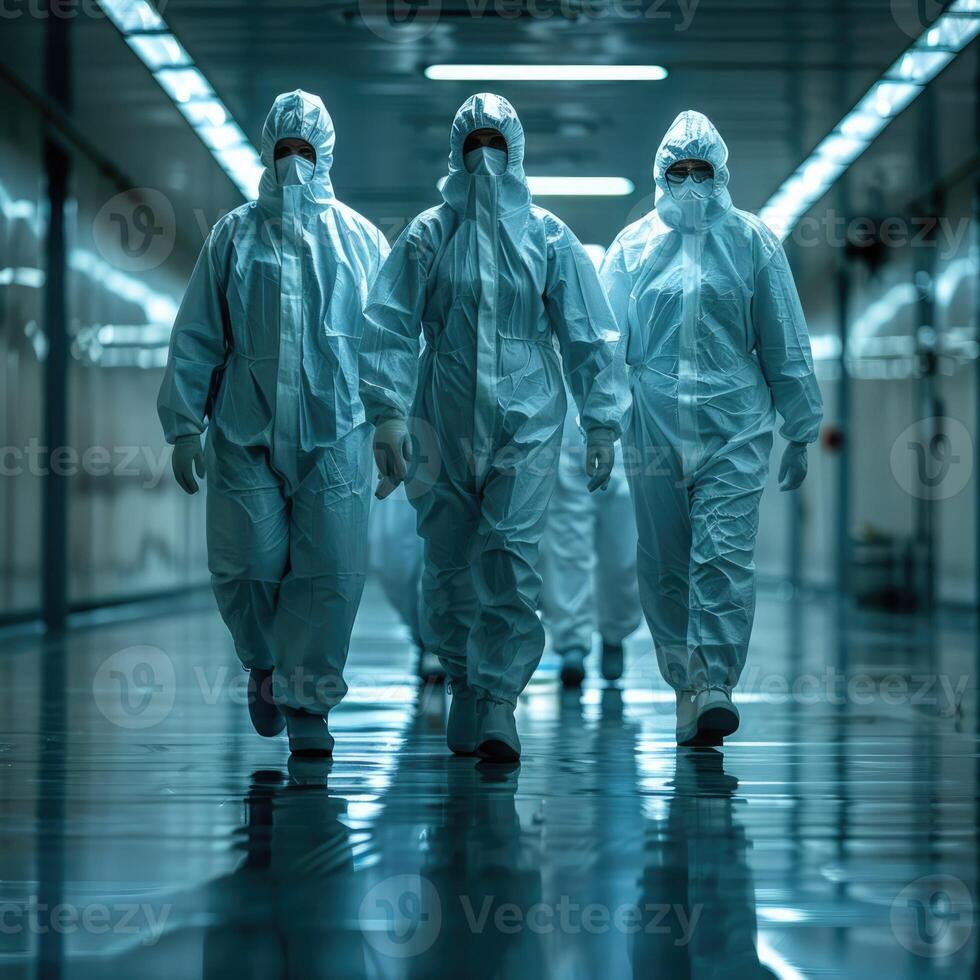 Three individuals dressed in protective suits are walking down a long hallway photo