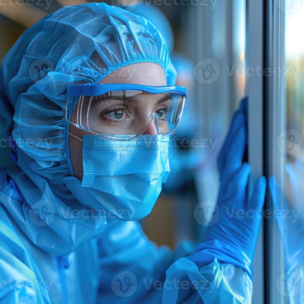 A woman is wearing a protective mask and goggles while looking out a window photo