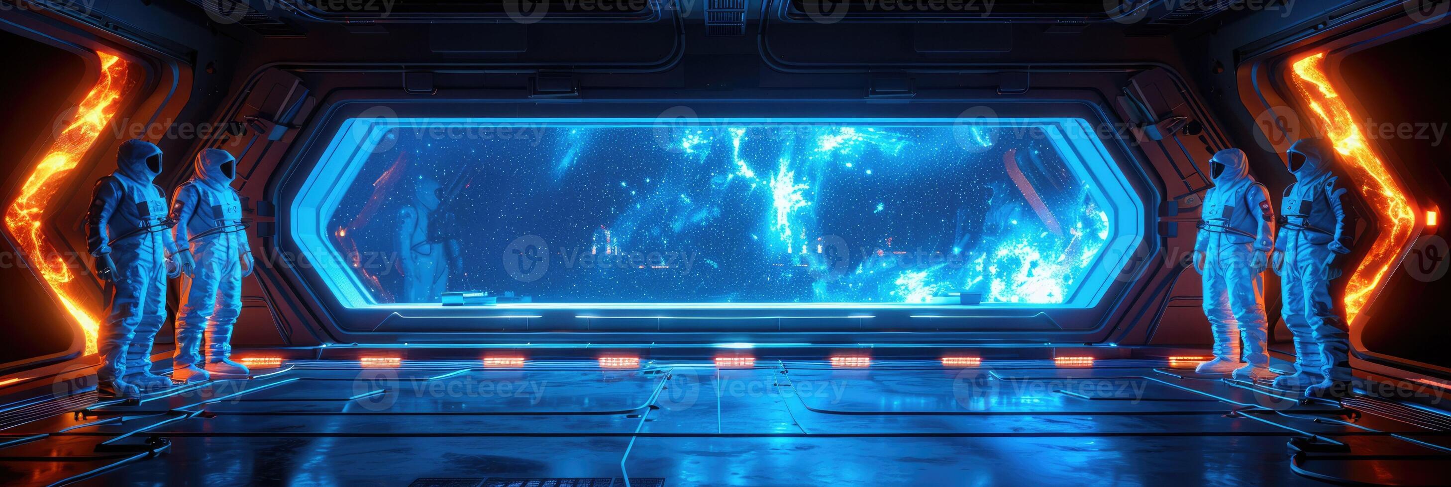 Astronauts are standing in front of a window in a spaceship photo