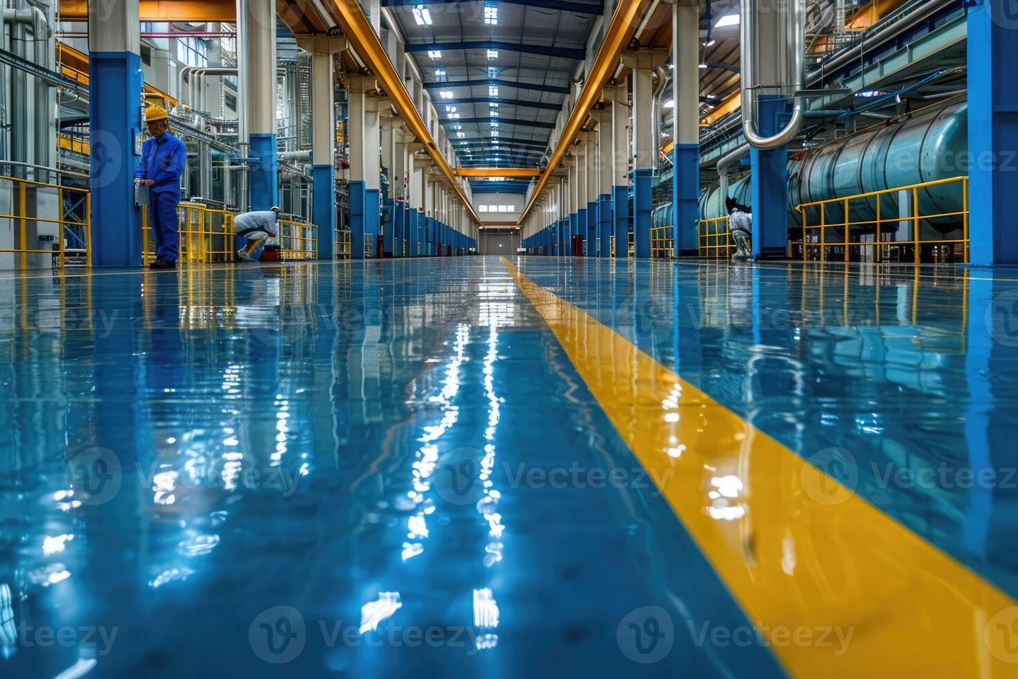 A man is standing in a factory where a yellow line is marked on the floor photo