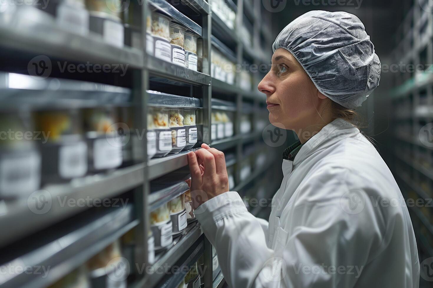 A man in a lab coat stands before a fridge full of jars photo