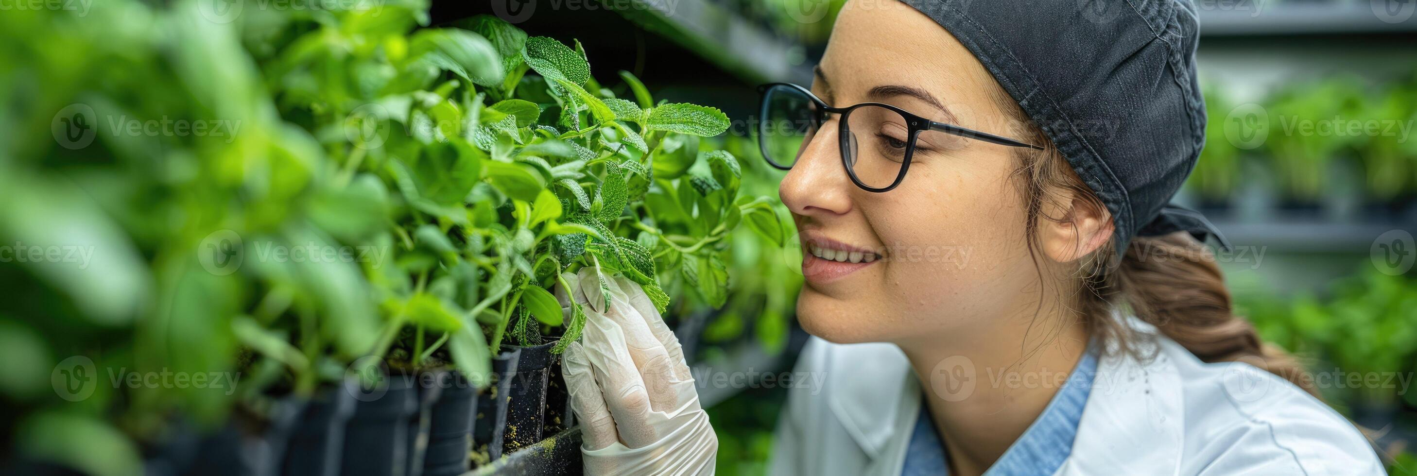 A woman in a lab coat is observing a plant in a greenhouse photo