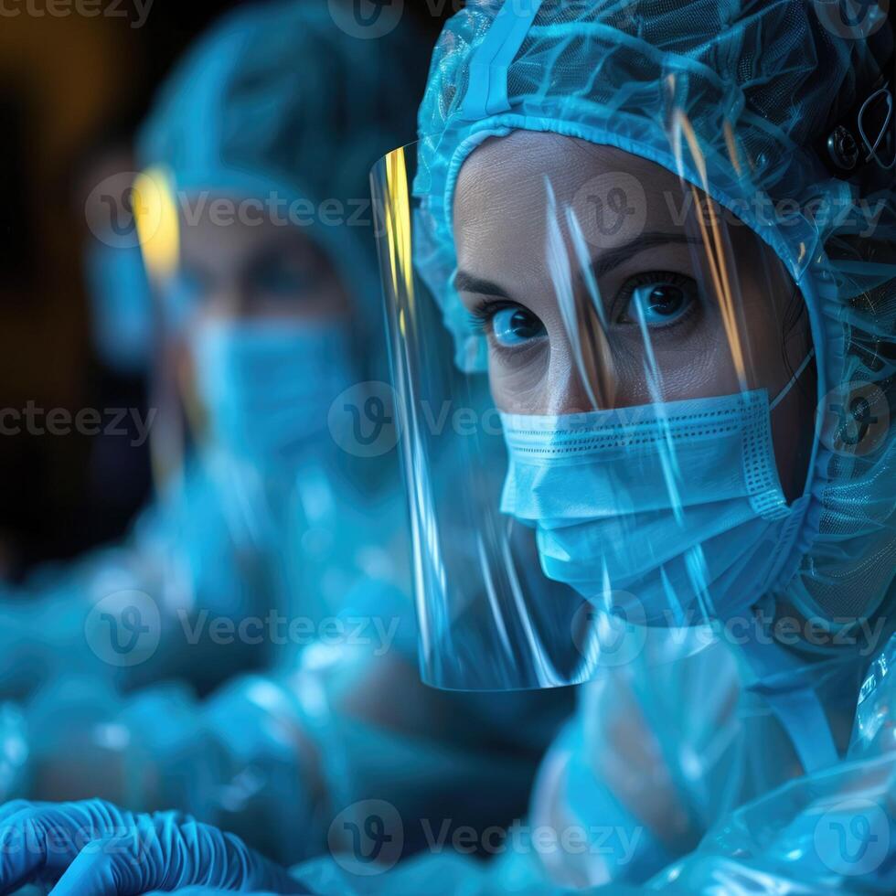 A woman is wearing a protective mask and goggles while looking out a window photo