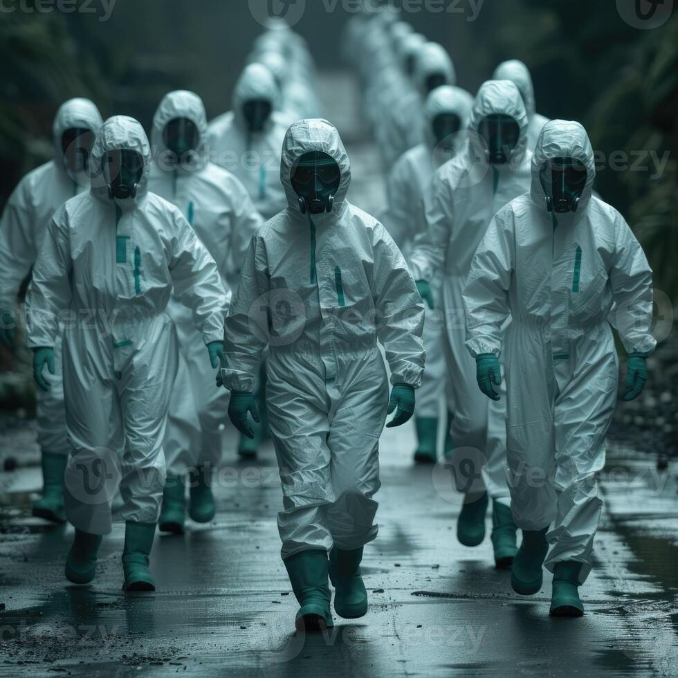 A group of individuals wearing protective suits is walking down a street photo