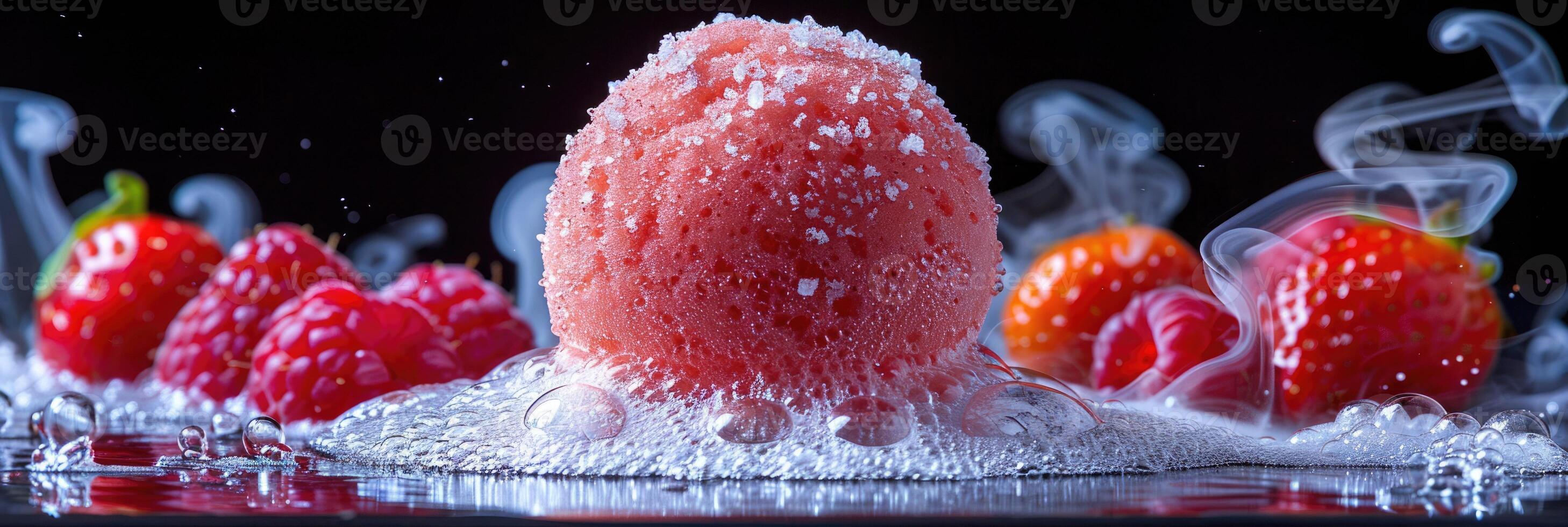 A delightful ball of sugar is surrounded by fresh raspberries and strawberries photo