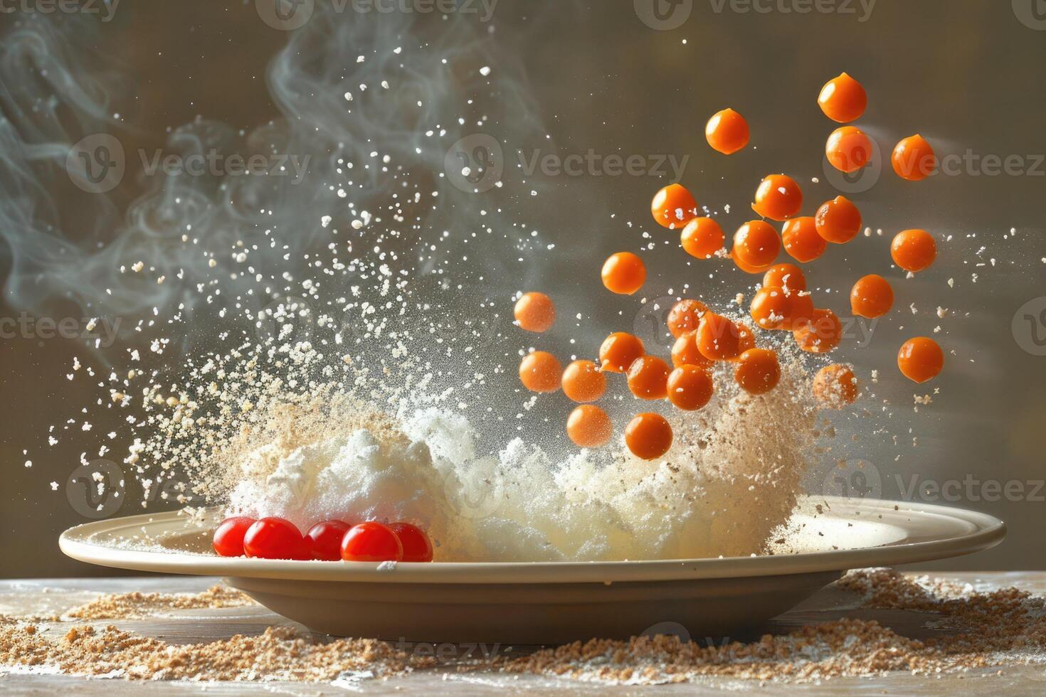 A delicious dish of cherry tomatoes and whipped cream elegantly served photo