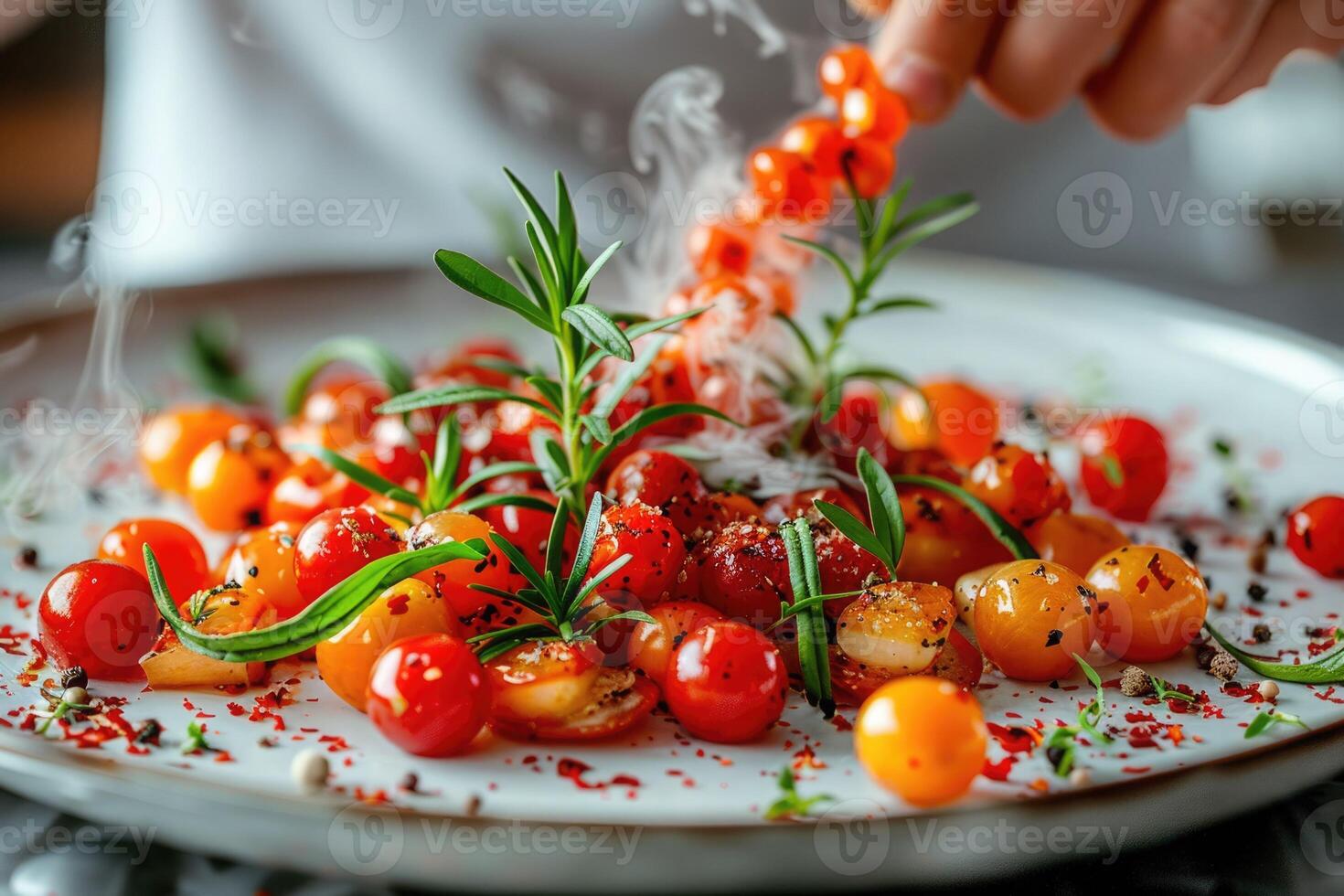 A plate of food with tomatoes and rosemary on a table photo