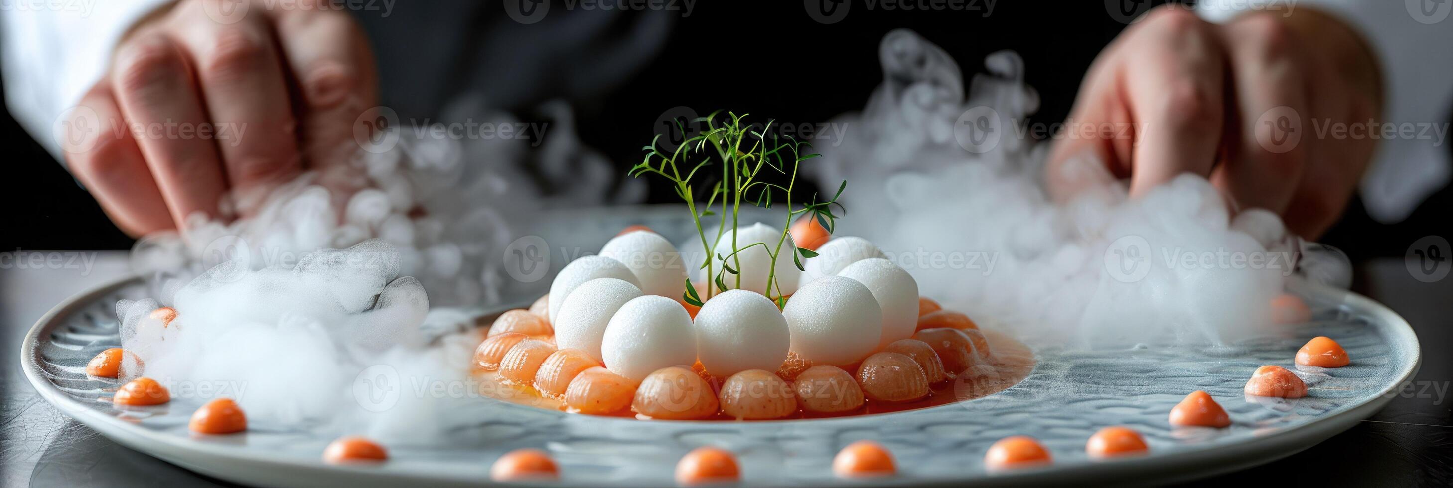 Experience an Elegant Culinary Presentation that features Smoke and Creative Culinary Garnish photo