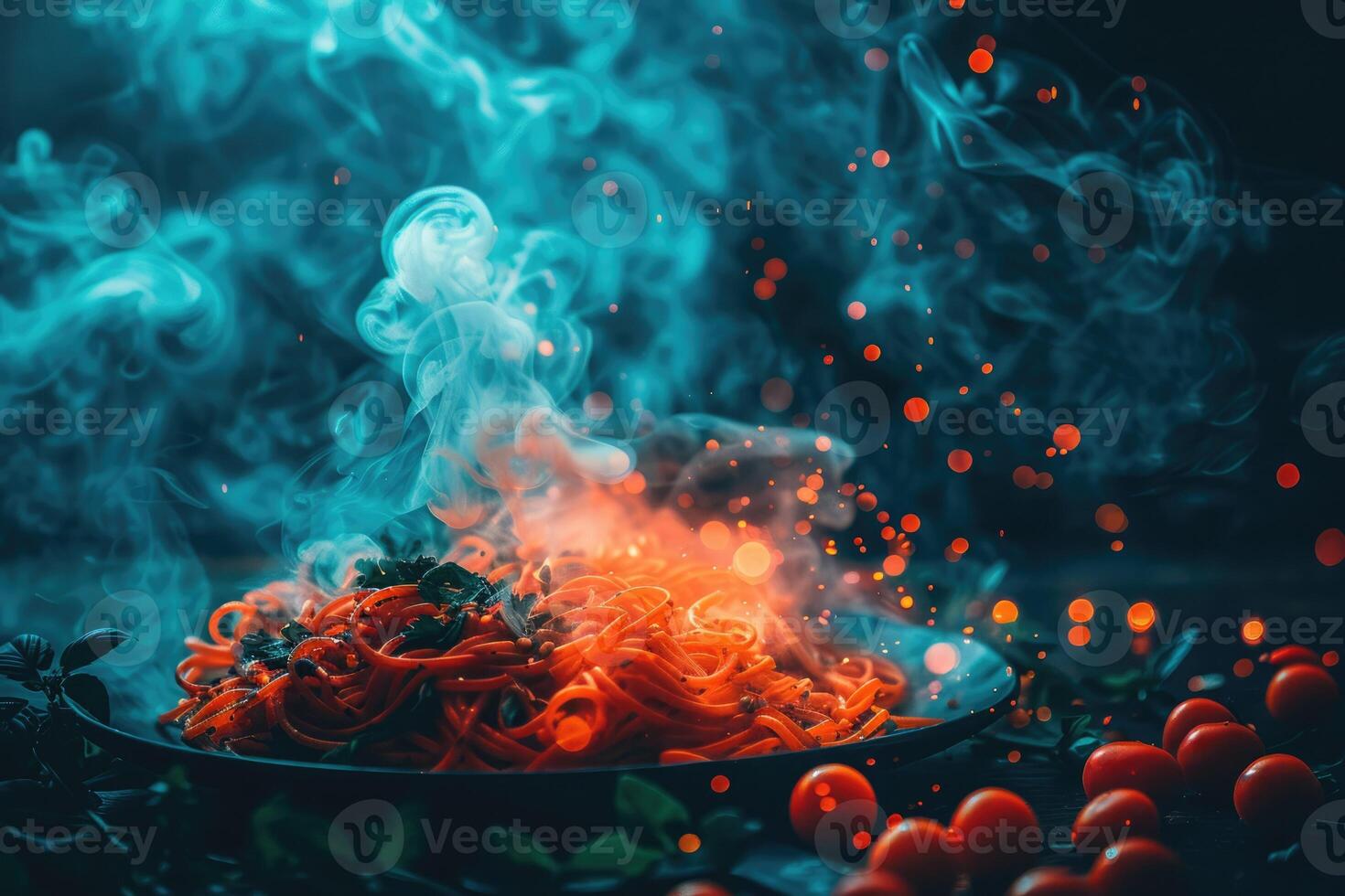 Spaghetti is currently being cooked in a pan, with smoke rising out of it photo